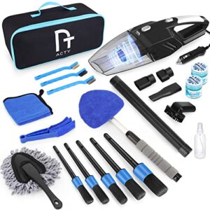 acty 17pcs car interior detailing kit, cleaning kit with high power handheld vacuum, brush set, windshield tool, gel, microfiber towels, complete care, blue