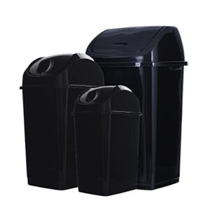 superio swing top trash can, waste bin for home, kitchen, office, bedroom, bathroom, ideal for large or small spaces - black (3 pack- 4.5 gal, 9 gal, 13 gal)