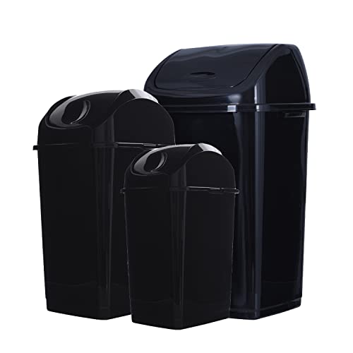 Superio Swing Top Trash Can, Waste Bin for Home, Kitchen, Office, Bedroom, Bathroom, Ideal for Large or Small Spaces - Black (3 Pack- 4.5 Gal, 9 Gal, 13 Gal)