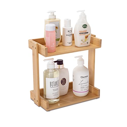 PELYN Bamboo Bathroom Countertop Organizer Corner Shelf for Bath Shampoo Lotion Accessories