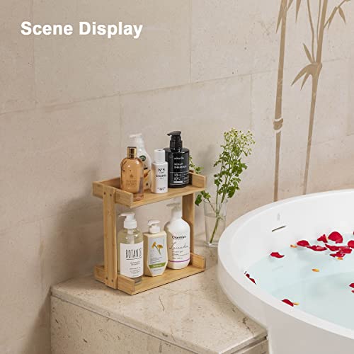 PELYN Bamboo Bathroom Countertop Organizer Corner Shelf for Bath Shampoo Lotion Accessories