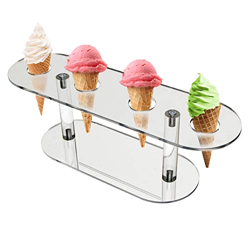 Ice Cream Cone Holder, 4 Holes Transparent Acrylic Cupcake Cake Ice Cream Stand Cone Display Stand crylic Cone Stand Waffle Cone for Parties, Weddings Birthday Party or Buffet(Transparent)