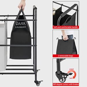 Tajsoon 2 Bag Laundry Sorter Cart, Laundry Hamper Sorter Basket with Heavy Duty Lockable Rolling Wheels for Clothes Storage, Black & Grey