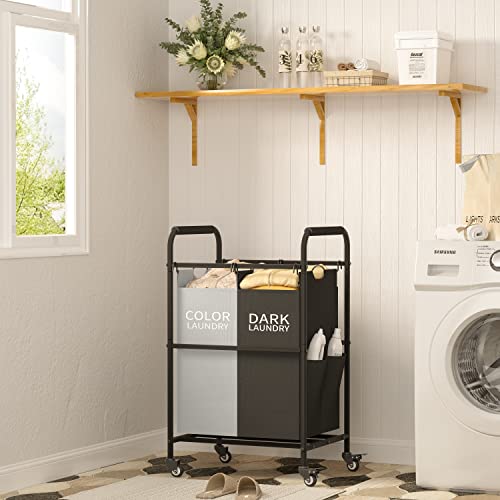 Tajsoon 2 Bag Laundry Sorter Cart, Laundry Hamper Sorter Basket with Heavy Duty Lockable Rolling Wheels for Clothes Storage, Black & Grey