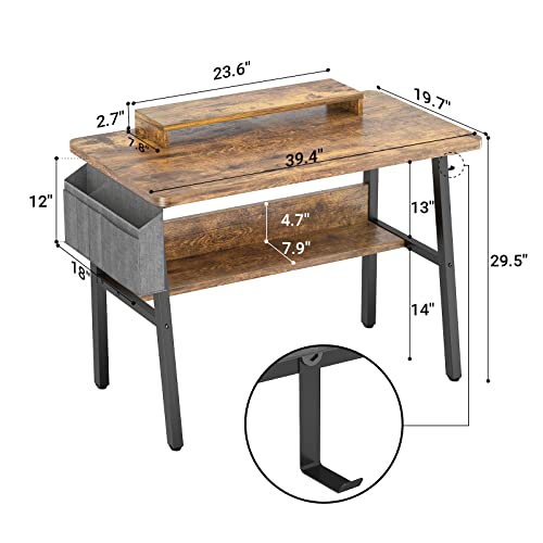 Computer Desk, Desk with Monitor Stand Shelf, 40 Inch Laptop Table with Bookshelves, Study Writing Desk with Storage Bag and Hooks, Small Desk for Small Space, Home, Office, Rustic Brown