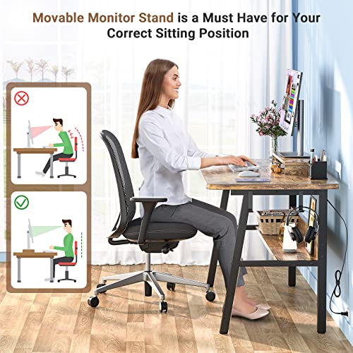 Computer Desk, Desk with Monitor Stand Shelf, 40 Inch Laptop Table with Bookshelves, Study Writing Desk with Storage Bag and Hooks, Small Desk for Small Space, Home, Office, Rustic Brown