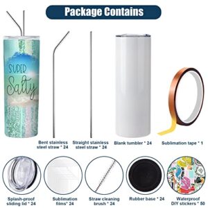 24 Pack 20 oz Sublimation Tumblers Bulk Kit, Stainless Steel Blank Straight Skinny Travel Tumbler Set with Lid, Rubber Base, Straw Brush, DIY Sticker, Shrink Wrap for Heat Transfer Press