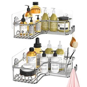 homeasy corner caddy shelf for shower wall mount, shower organizer corner adhesive no drilling, 304 stainless steel storage corner shower caddy shelf with hooks for bathroom,toilet,kitchen,rv -2 pack