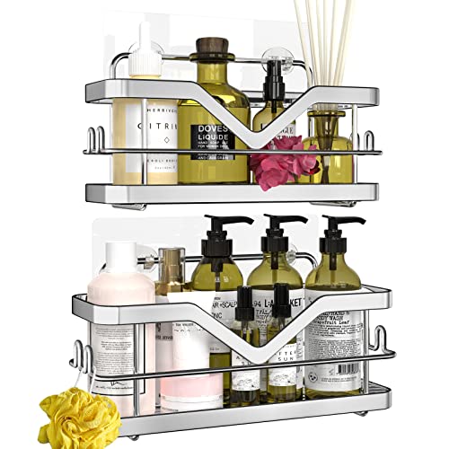 HOMEASY Shower Caddy Rack Organizer Wall Mount, rv Shower Organizer Shelf Adhesive No Drilling, Rust Free Storage Shower Caddy Shelf with Included Hooks for Bathroom,Toilet,Kitchen,rv -2 Pack