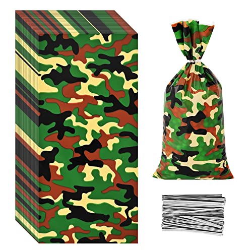 Lecpeting 100 Pcs Camouflage Treat Bags Camo Print Cellophane Candy Bags Plastic Goodie Storage Bags Army Party Favor Bags with Twist Ties for Camouflage Theme Birthday Party Supplies