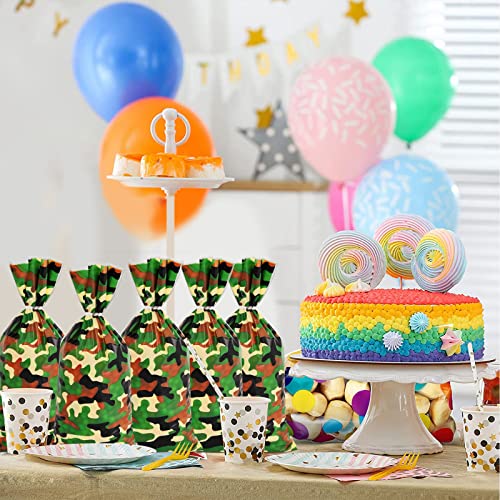 Lecpeting 100 Pcs Camouflage Treat Bags Camo Print Cellophane Candy Bags Plastic Goodie Storage Bags Army Party Favor Bags with Twist Ties for Camouflage Theme Birthday Party Supplies