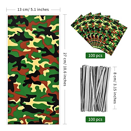 Lecpeting 100 Pcs Camouflage Treat Bags Camo Print Cellophane Candy Bags Plastic Goodie Storage Bags Army Party Favor Bags with Twist Ties for Camouflage Theme Birthday Party Supplies