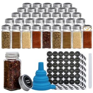 datttcc 52 pack glass spice jars,reusable clear 4 oz square seasoning containers with silver metal caps and pour/sift shaker lids spice jars with labels and funnel sets for cabinet,kitchen pantry
