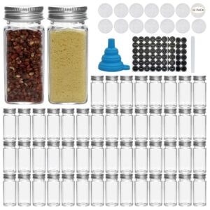 Datttcc 52 Pack Glass Spice Jars,Reusable Clear 4 OZ Square Seasoning Containers with Silver Metal Caps and Pour/Sift Shaker Lids Spice Jars with Labels and Funnel Sets for Cabinet,Kitchen Pantry