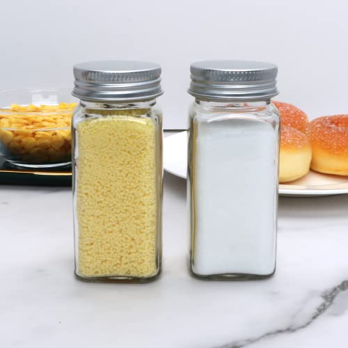 Datttcc 52 Pack Glass Spice Jars,Reusable Clear 4 OZ Square Seasoning Containers with Silver Metal Caps and Pour/Sift Shaker Lids Spice Jars with Labels and Funnel Sets for Cabinet,Kitchen Pantry