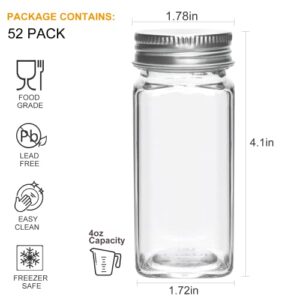 Datttcc 52 Pack Glass Spice Jars,Reusable Clear 4 OZ Square Seasoning Containers with Silver Metal Caps and Pour/Sift Shaker Lids Spice Jars with Labels and Funnel Sets for Cabinet,Kitchen Pantry