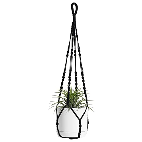 Macrame Plant Hanger Indoor Hanging with Wood Beads Macrame Planters No Tassel for Indoor Outdoor Boho Home Decor 35 Inch (Black,1pc)