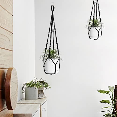 Macrame Plant Hanger Indoor Hanging with Wood Beads Macrame Planters No Tassel for Indoor Outdoor Boho Home Decor 35 Inch (Black,1pc)