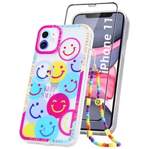 yebowe [3 in 1] cute smiley face case for iphone 11 with screen protector+ beaded phone charm, soft tpu clear aesthetic protective cover happy smile face design for women girls