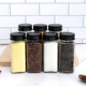 Datttcc 52 Pack Glass Spice Jars,Reusable 4 OZ Seasoning Containers with Sealed Black Aluminum Caps and Pour/Sift Shakers,Clear Spice Jars with Labels and Funnel for Cabinet, Drawer,Kitchen Pantry