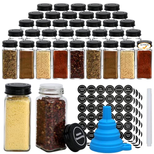 Datttcc 52 Pack Glass Spice Jars,Reusable 4 OZ Seasoning Containers with Sealed Black Aluminum Caps and Pour/Sift Shakers,Clear Spice Jars with Labels and Funnel for Cabinet, Drawer,Kitchen Pantry