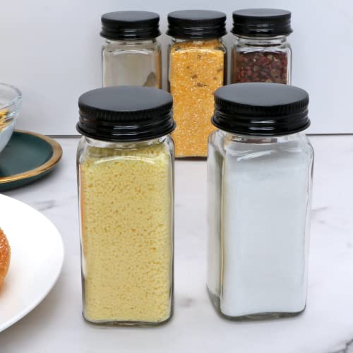 Datttcc 52 Pack Glass Spice Jars,Reusable 4 OZ Seasoning Containers with Sealed Black Aluminum Caps and Pour/Sift Shakers,Clear Spice Jars with Labels and Funnel for Cabinet, Drawer,Kitchen Pantry