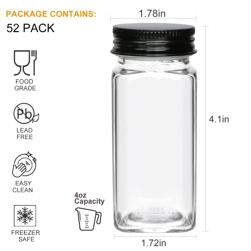 Datttcc 52 Pack Glass Spice Jars,Reusable 4 OZ Seasoning Containers with Sealed Black Aluminum Caps and Pour/Sift Shakers,Clear Spice Jars with Labels and Funnel for Cabinet, Drawer,Kitchen Pantry