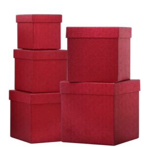 uniqooo 5pcs red glitter christmas gift box set with lid, assorted size, square nested wedding keepsake boxes, holiday paper box tower organizer for birthday party, mother's day gift wrap packaging