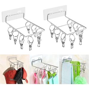 2 pack sock hangers with clips, stainless steel underwear hanger for drying no drilling self-adhesive wall hooks for hanging hats baby clothes diapers bras towels ties gloves (rectangle-8 peg)