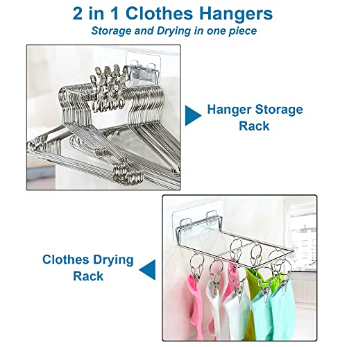 2 Pack Sock Hangers with Clips, Stainless Steel Underwear Hanger for Drying No Drilling Self-Adhesive Wall Hooks for Hanging Hats Baby Clothes Diapers Bras Towels Ties Gloves (Rectangle-8 Peg)