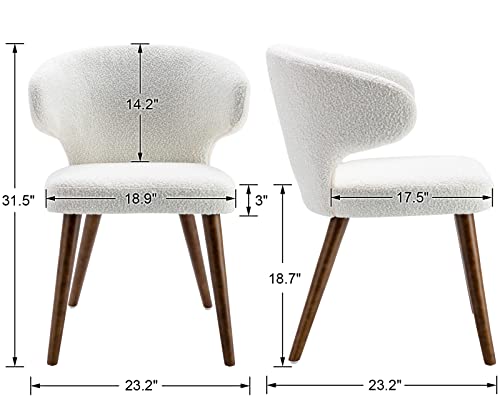 HNY Mid Century Modern Dining Chairs Set of 2, Upholstered Curved Wingback Accent Arm Chairs, Faux Sherpa Side Chairs with Solid Wood Legs, White