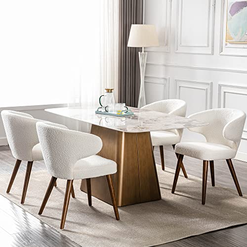 HNY Mid Century Modern Dining Chairs Set of 2, Upholstered Curved Wingback Accent Arm Chairs, Faux Sherpa Side Chairs with Solid Wood Legs, White