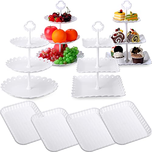 8 Pcs Dessert Table Display Set Includes 3 Tier Round Square Cupcake Stand White Party Food Server Display Long Slim Cake Tier Stand, 4 Pcs Rectangle Plastic Serving Trays for Wedding Birthday Party