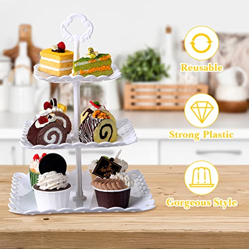 8 Pcs Dessert Table Display Set Includes 3 Tier Round Square Cupcake Stand White Party Food Server Display Long Slim Cake Tier Stand, 4 Pcs Rectangle Plastic Serving Trays for Wedding Birthday Party