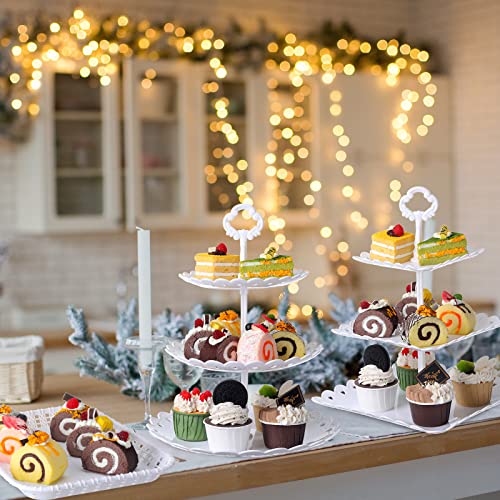 8 Pcs Dessert Table Display Set Includes 3 Tier Round Square Cupcake Stand White Party Food Server Display Long Slim Cake Tier Stand, 4 Pcs Rectangle Plastic Serving Trays for Wedding Birthday Party
