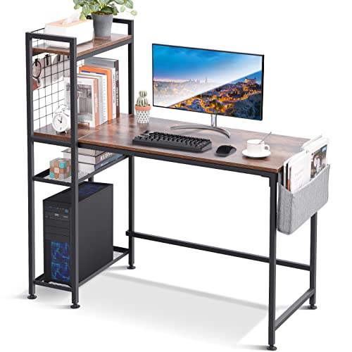 TOOLF Computer Desk with 4 Tier Shelves for Home Office, 47" Writing Study Table with Grid Panel and 4 Hooks, Multipurpose Desk with Storage Bag for PC Laptop