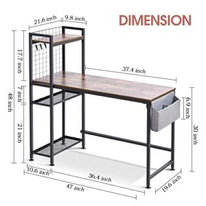 TOOLF Computer Desk with 4 Tier Shelves for Home Office, 47" Writing Study Table with Grid Panel and 4 Hooks, Multipurpose Desk with Storage Bag for PC Laptop
