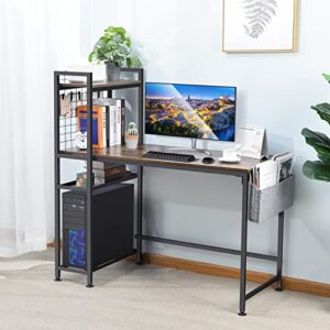 TOOLF Computer Desk with 4 Tier Shelves for Home Office, 47" Writing Study Table with Grid Panel and 4 Hooks, Multipurpose Desk with Storage Bag for PC Laptop