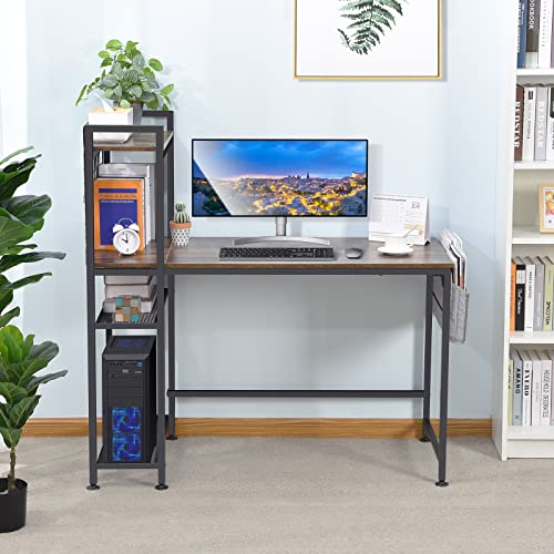 TOOLF Computer Desk with 4 Tier Shelves for Home Office, 47" Writing Study Table with Grid Panel and 4 Hooks, Multipurpose Desk with Storage Bag for PC Laptop