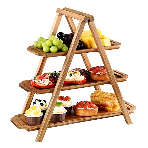 KADAR Wood Tiered Serving Tray, 3 Tier Serving Platter Stand, Party Serving Dishes Trays and Platters-3 Trays of Max Length 20” and 6.5” Width, Made of Acacia Wood