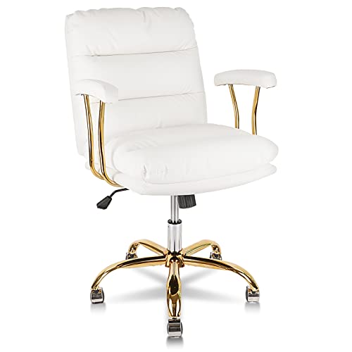 KLASIKA Ergonomic Office Desk Chair for Heavy People with Wheels and Arms, Faux Leather Computer Chair for Home Bedroom Office, White Chair Gold Caster