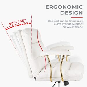 KLASIKA Ergonomic Office Desk Chair for Heavy People with Wheels and Arms, Faux Leather Computer Chair for Home Bedroom Office, White Chair Gold Caster