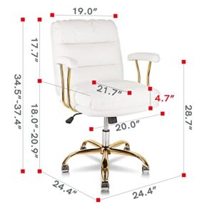 KLASIKA Ergonomic Office Desk Chair for Heavy People with Wheels and Arms, Faux Leather Computer Chair for Home Bedroom Office, White Chair Gold Caster