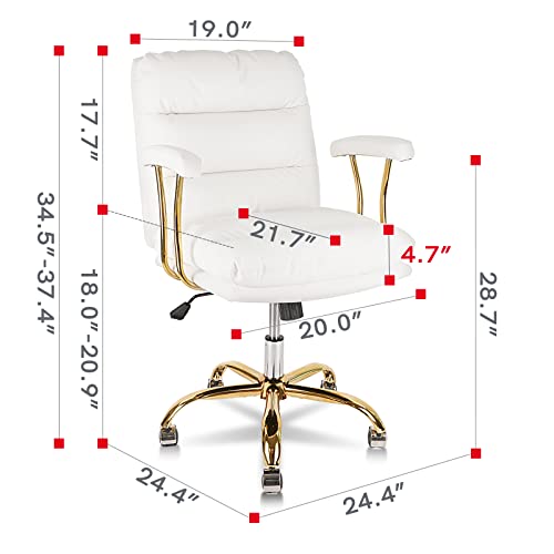 KLASIKA Ergonomic Office Desk Chair for Heavy People with Wheels and Arms, Faux Leather Computer Chair for Home Bedroom Office, White Chair Gold Caster