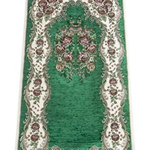 Muslim Prayer Rug, Beads and Yaseen Prayer Book with Elegant Velvet Fabric Bag | Janamaz | Sajadah | Soft Islamic Prayer Rug | Islamic Gifts | Prayer Carpet Mat, Chenille Fabric, Green