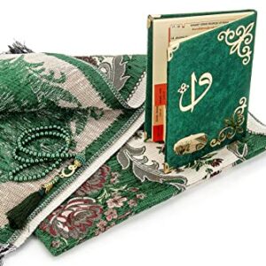 Muslim Prayer Rug, Beads and Yaseen Prayer Book with Elegant Velvet Fabric Bag | Janamaz | Sajadah | Soft Islamic Prayer Rug | Islamic Gifts | Prayer Carpet Mat, Chenille Fabric, Green