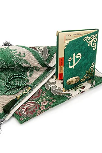 Muslim Prayer Rug, Beads and Yaseen Prayer Book with Elegant Velvet Fabric Bag | Janamaz | Sajadah | Soft Islamic Prayer Rug | Islamic Gifts | Prayer Carpet Mat, Chenille Fabric, Green