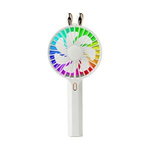 mini handheld fan, 3 in 1 small fan with 7 colors led lights, 3 adjustable speeds, rechargeable battery operated fan for kids, girls and women outdoors or home office use.