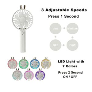 Mini Handheld Fan, 3 in 1 Small Fan with 7 Colors LED Lights, 3 Adjustable Speeds, Rechargeable Battery Operated Fan for Kids, Girls and Women Outdoors or Home Office Use.