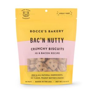 bocce's bakery oven baked bac'n nutty treats for dogs, everyday wheat-free dog treats, made with real ingredients, baked in the usa, all-natural pb & bacon biscuits, 5 oz